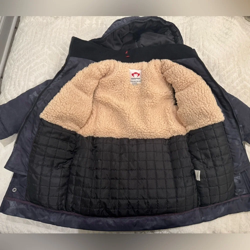 Appaman black camo toddler down filled puffer jacket with hood sherpa lining